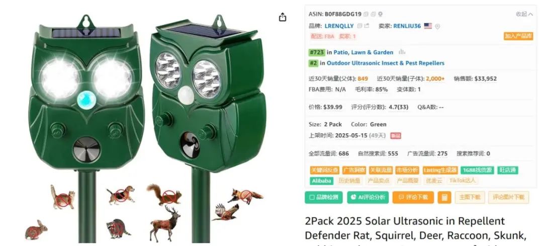 40美元驱鼠器月销849单！太阳能猫头鹰造型产品利润率超60%