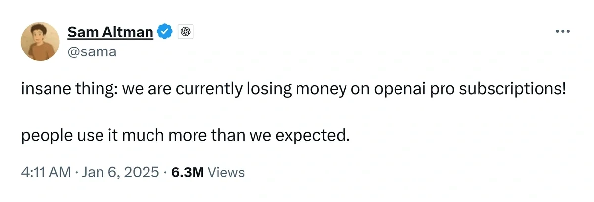 Sam Altman 在 X 论坛上发帖证实,OpenAI 的 Pro 订阅服务是亏损的。 ChatGPT广告上线,解析门槛20万美金的广告投放方式!一文看懂是否值得投放!