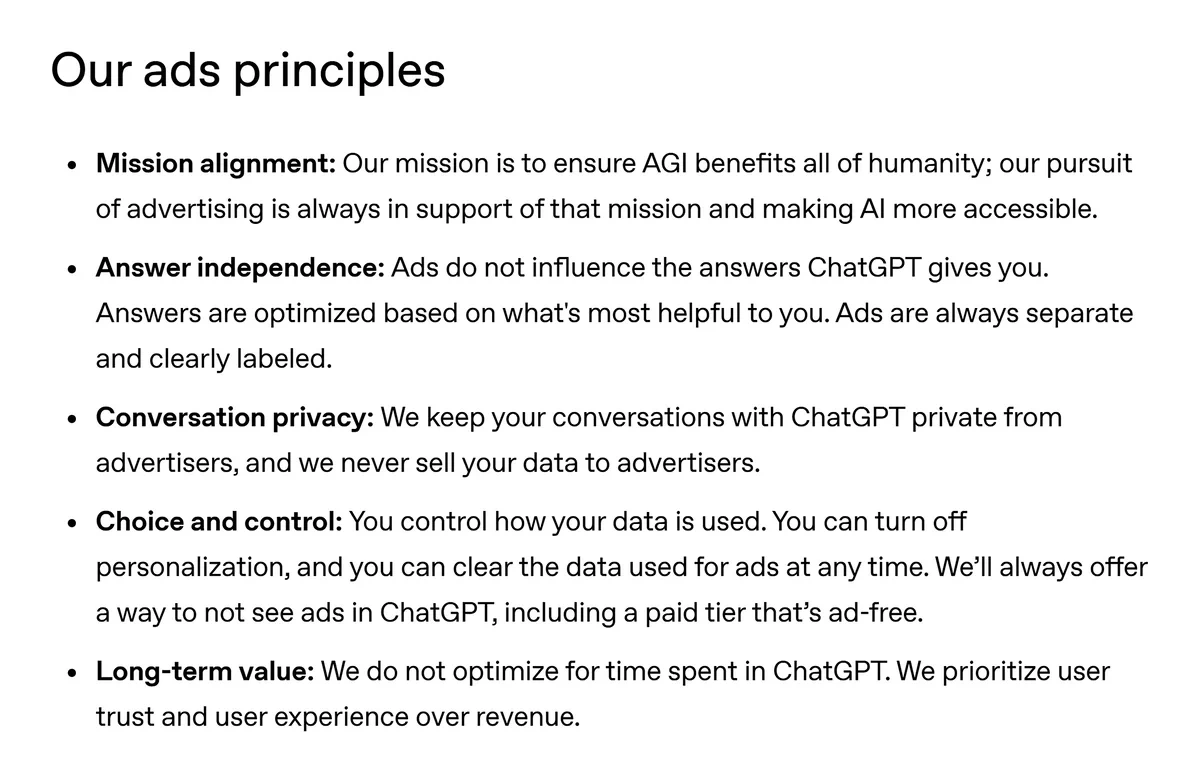 OpenAI 已公布的广告原则 ChatGPT广告上线,解析门槛20万美金的广告投放方式!一文看懂是否值得投放!