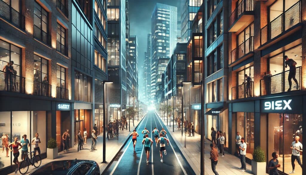 一场激烈的比赛在现代化的市中心街道上举行,参赛选手们冲向终点线,观众们则在一旁欢呼。 亚马逊卖家警惕!2026年六大隐形雷区正在逼近