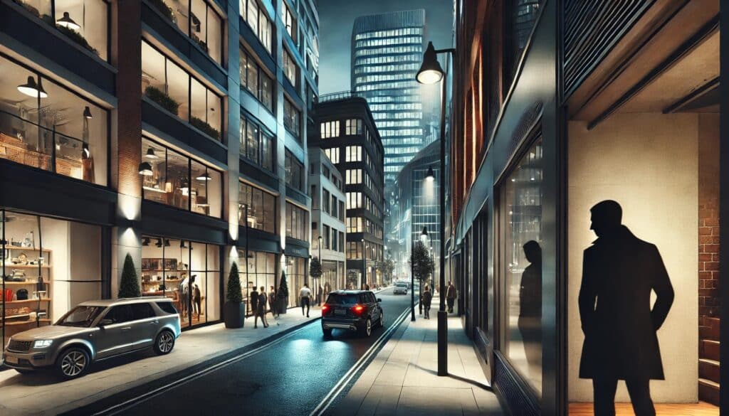 现代化的市中心街道,一条小巷里潜伏着一个神秘身影,营造出一种微妙的悬疑和紧张感。 亚马逊卖家警惕!2026年六大隐形雷区正在逼近