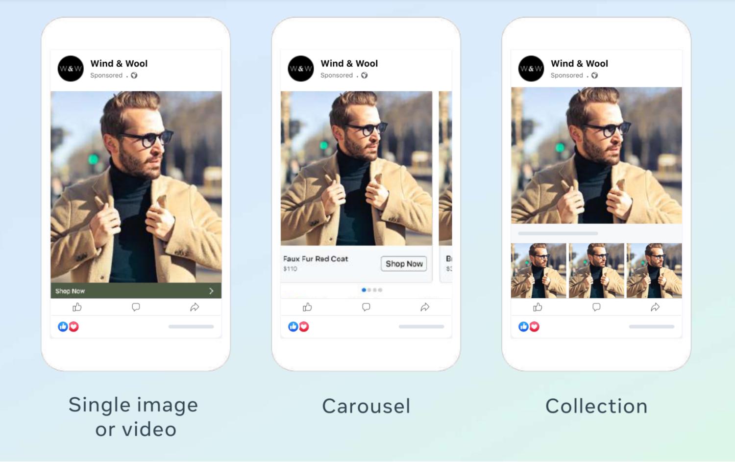 一则广告展示了一位模特穿着西装和眼镜，格式为Facebook的三种广告类型。