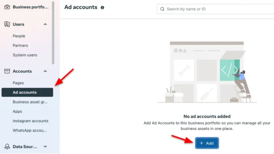 点击“+添加”来添加新的广告账户