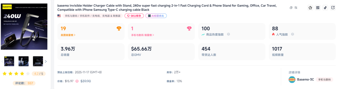 深圳跨境又出大爆品，一款充电线30天狂卖400万