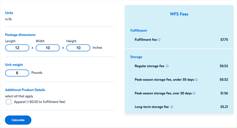 使用 WFS 计算器计算每个自行车篮的 WFS 费用