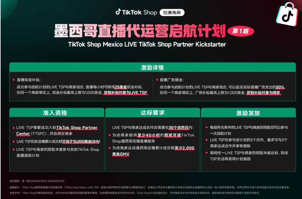 TikTok Shop墨西哥推出直播代运营启航计划:准入资格/达标要求/激励发放规则详解