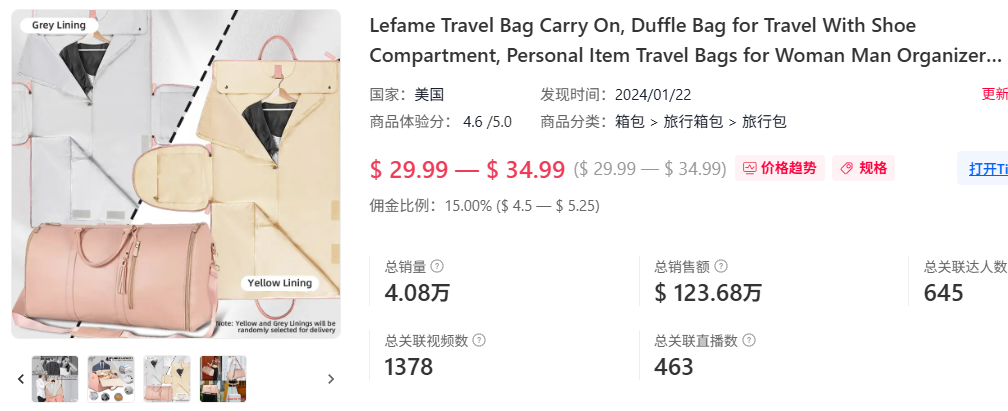 TikTok爆款旅行包热销124万美元：多隔层收纳设计​